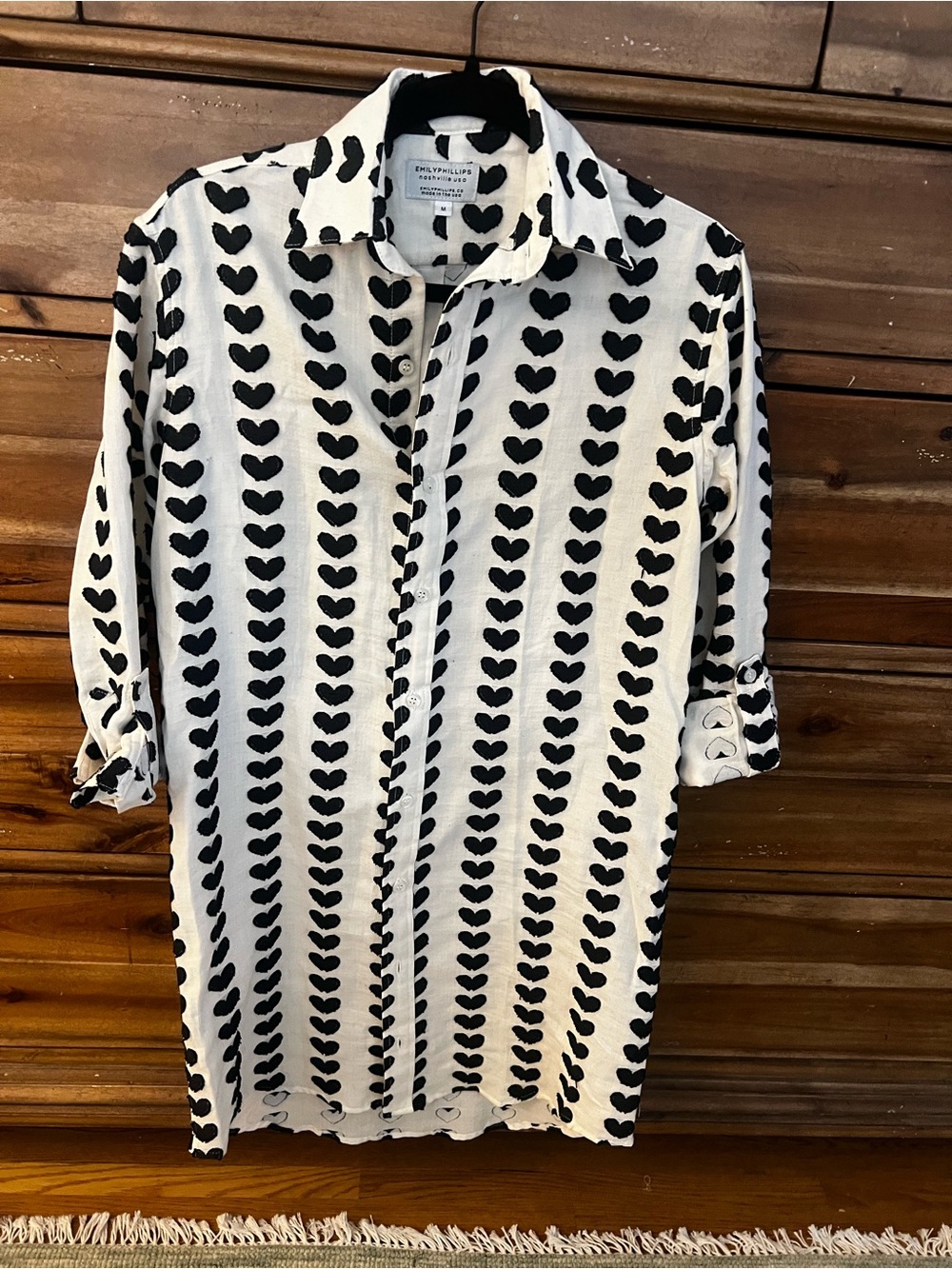 Emily Phillips Black Heart Print Shirt Dress – White – Size Medium (Fits Small)
